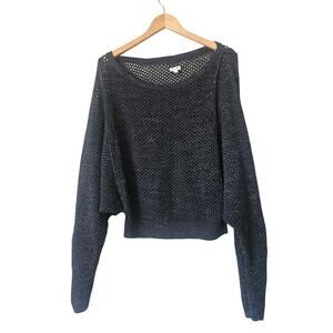 Pilcro by Anthropologie Open Stitch Crop‎ Sweater, Dark Gray Metallic Flecked, L